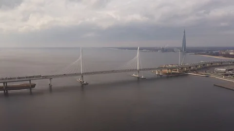 Aerial Of Cityscape Bridge  And Scyscraper Over River  Stock Footage 126963155