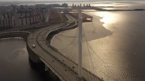 Aerial Of Cityscape Bridge  And Scyscraper Over River  Stock Footage 126966764