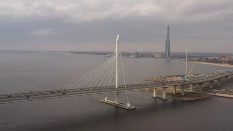 Aerial Of Cityscape Bridge  And Scyscraper Over River  Stock Footage 126967815