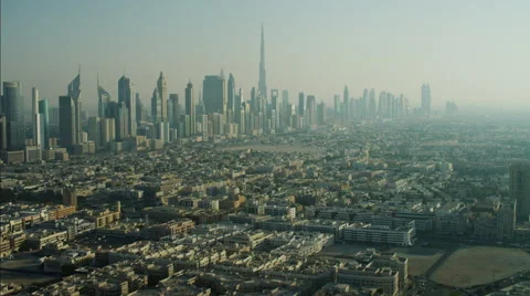 Aerial Cityscape Burj Khalifa Skyscrapers Dubai UAE Stock Footage