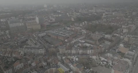 Aerial Cityscape of Ghent with Streets, Rooftops and Church Spires, Belgium Stock Footage 344128212