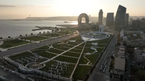 Aerial Cityscape View with Modern Architecture, Park, and Bay Stock Footage 341903280