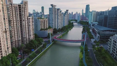 Aerial Cityscape View with River and Unique Pedestrian Bridge Shanghai China Stock Footage 346337400