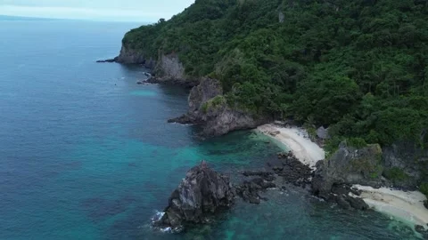 Aerial cliffs with hidden secret beach and bungalow Apo Island Philippines 스톡 동영상 332618870