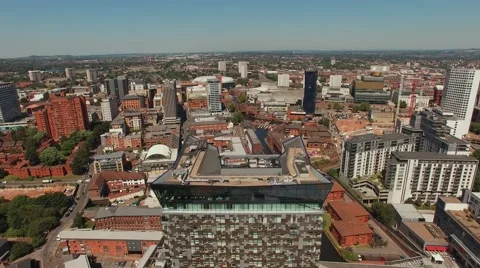 Aerial clip of the Cube &amp; Mail Box in Birmingham panning motion Video stock 65191128