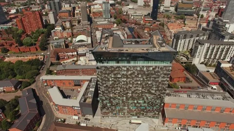 Aerial clip of the Cube &amp; Mail Box in Birmingham panning motion down view Stock Footage 65192541
