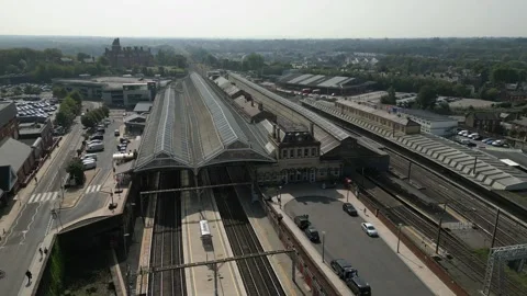 Aerial clip of the train station train tracks at Preston, Lancashire, England Stock Footage 258028725