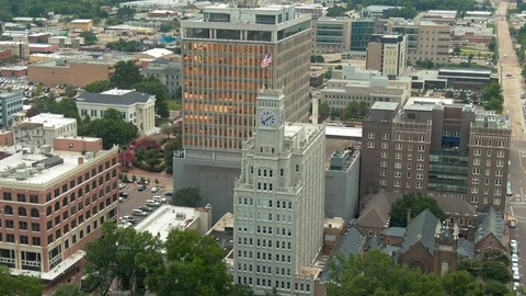 Aerial: Clock tower in downtown Jackson, Mississippi, USA Stock Footage 125735472