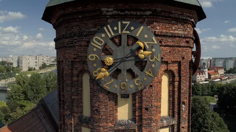 Aerial close clock face Cathedral Kaliningrad center historic cityscape park Stock Footage 127701894