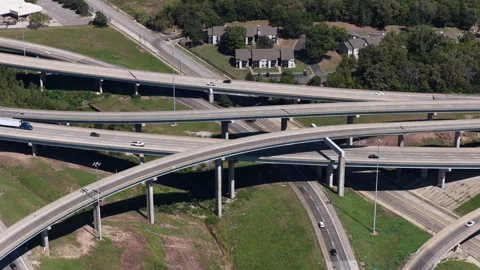 Aerial close up of complex highway interchange in Kansas City Missouri of I49 Stock Footage 344810969