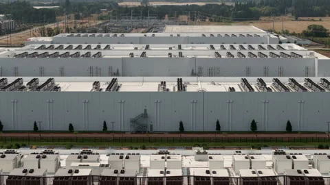 Aerial close up of Data Center Cooling Systems in Hillsboro, Oregon Stock Footage 346513839