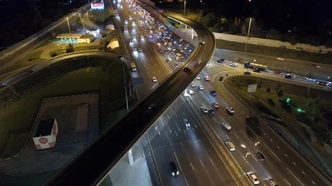 Aerial close up details multi-level road junction night illumination Moscow best Stock Footage 116290563