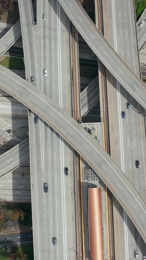 AERIAL: Close Flight over Judge Pregerson Huge Interchange Connection showing mu Stock Footage 337412945