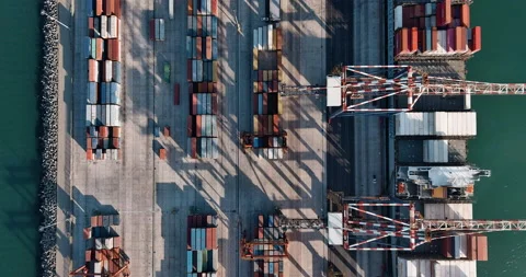 Aerial close-up fly over view of containers on the docs of Cape Town Harbour Video stock 171657379