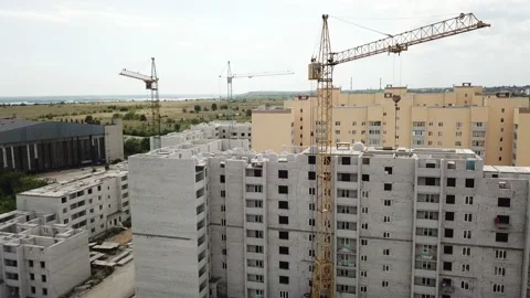 Aerial close in front of windows modern dormitory area houses buildings Stock Footage 136962298