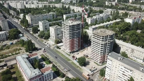 Aerial close in front of windows modern dormitory area houses buildings Stock Footage 136964456