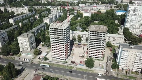Aerial close in front of windows modern dormitory area houses buildings Stock Footage 136964546