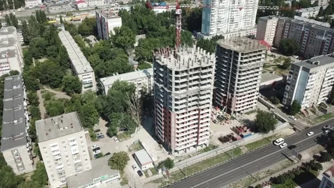 Aerial close in front of windows modern dormitory area houses buildings Stock Footage 136964607