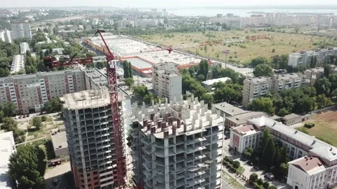 Aerial close in front of windows modern dormitory area houses buildings Stock Footage 136964644