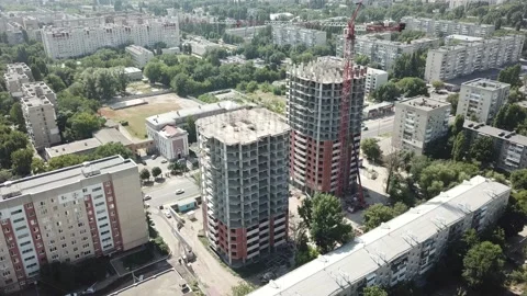 Aerial close in front of windows modern dormitory area houses buildings Stock Footage 136964792