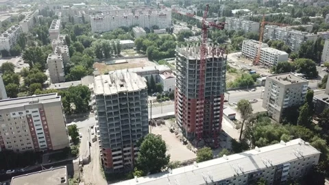 Aerial close in front of windows modern dormitory area houses buildings Stock Footage 136964944