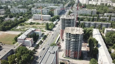 Aerial close in front of windows modern dormitory area houses buildings Stock Footage 136964988