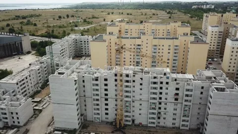 Aerial close in front of windows modern dormitory area houses buildings Stock Footage 136966150