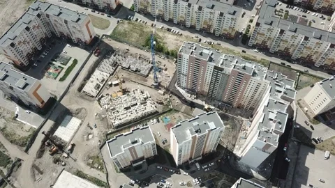 Aerial close in front of windows modern dormitory area houses buildings Stock Footage 136966202
