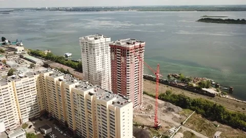 Aerial close in front of windows modern dormitory area houses buildings Stock Footage 136966231