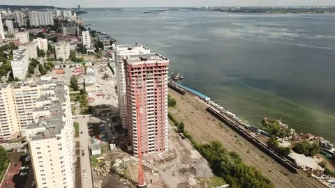 Aerial close in front of windows modern dormitory area houses buildings Stock Footage 136966820