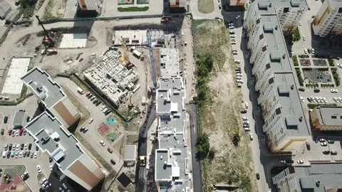 Aerial close in front of windows modern dormitory area houses buildings Stock Footage 136966944