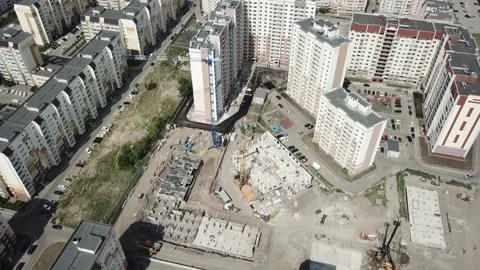 Aerial close in front of windows modern dormitory area houses buildings Stock Footage 136967294