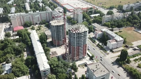 Aerial close in front of windows modern dormitory area houses buildings Stock Footage 137146264