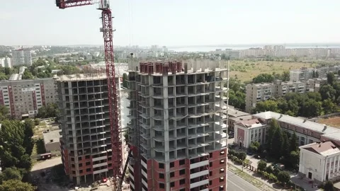 Aerial close in front of windows modern dormitory area houses buildings Stock Footage 137146318