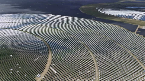 Aerial Close-Up of Heliostats Array in Talatan Tower Solar Thermal Power Plant Stock Footage 342017994