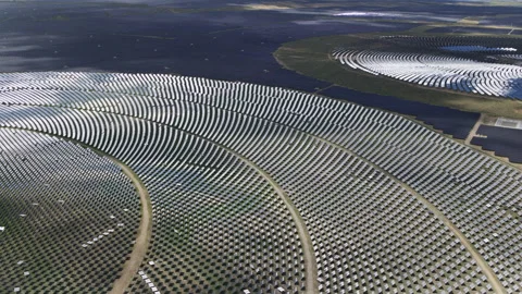 Aerial Close-Up of Heliostats Array in Talatan Tower Solar Thermal Power Plant Stock Footage 342018011