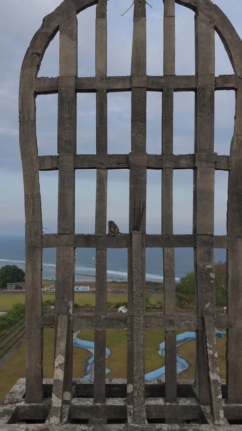 Aerial Close-Up of a Monkey on the Statue Wing Structure, Bali Stock Footage 339784373