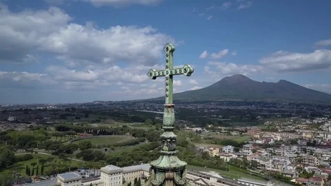 Aerial Close orbit around the Cross of  Sanctuary of Pompei Stock Footage 84019105