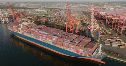 Aerial close-up panning view of container ships and containers,Durban Harbour Stock Footage 175337915