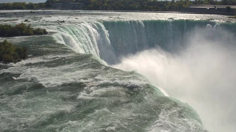 AERIAL, CLOSE UP: Raging Niagara River falling over the cliff on Horseshoe Falls Video stock 75845685