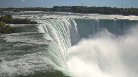 AERIAL, CLOSE UP: Raging Niagara River falling over the edge on Horseshoe Falls Stock Footage