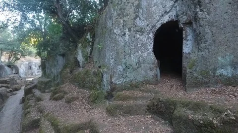 Aerial close up shot of etruscan tombs of Cerveteri, Rome Italy 2 Vídeo Stock 89785953