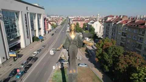 Aerial close-up shot of the Sveta Sofia statue in Bulgaria during golden Stock Footage 236922535