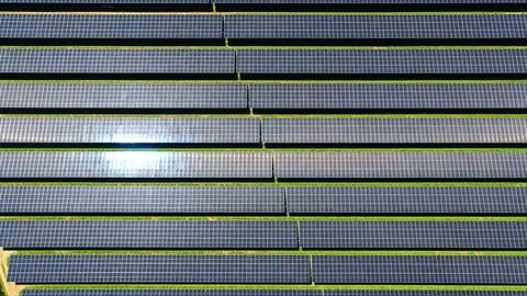 Aerial Close-Up of Solar Panel Rows Grid Pattern Stock Photos