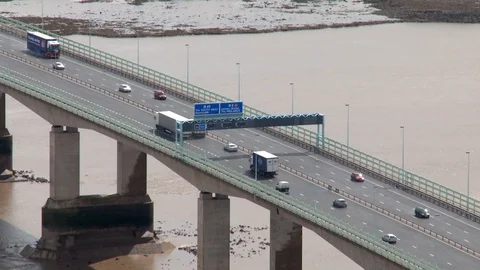 Aerial Close Up Span Second Severn Suspension Bridge 스톡 동영상 105872585