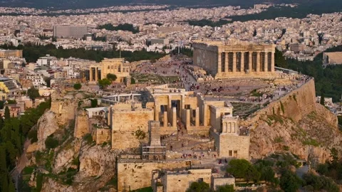 Aerial close-up sunset view of the Acropolis of Athens Video stock 261400622