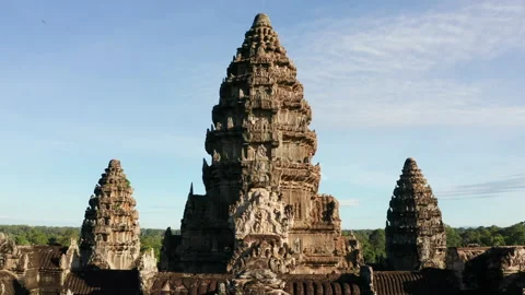 Aerial close up of a tower at Angkor Wat Stock Footage 246768817