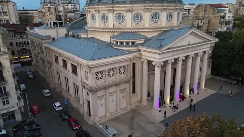 Aerial Close Up View Of Bucharest Romanian Athenaeum At Sunset Stock Footage 260743437