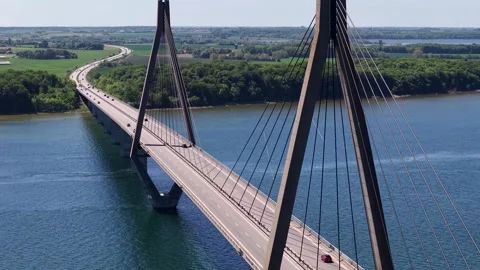 Aerial close-up view of cable-stayed pylon, Faro Bridge landmark, Denmark Stock Footage 337157871