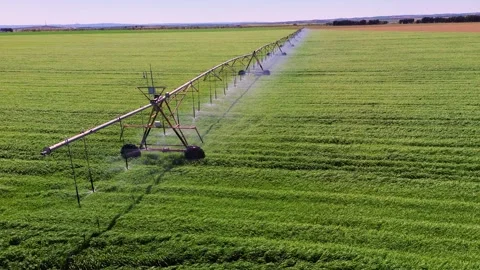 Aerial close view of center pivot irrigation system watering green field 스톡 동영상 333643313